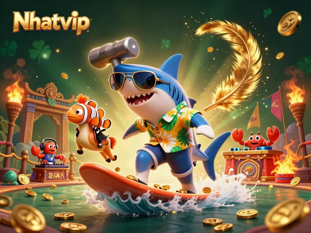 Nhatvip-themed illustration showing a playful shark, clownfish, and DJ crab in a dynamic casino scene.