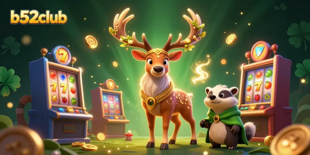 Engage with b52club's thrilling slots adventure featuring vibrant characters and swirling coins.