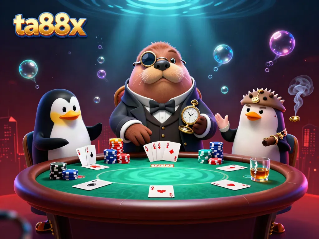 Play poker in style at ta88x with a jolly walrus, penguin dealer, and a bluffing pufferfish.