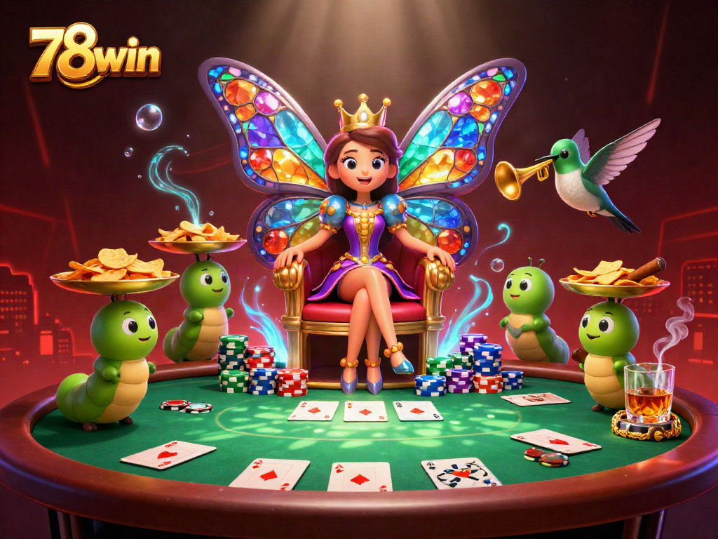 Engage with thrilling action at 78win showcasing a vibrant casino scene with a butterfly queen