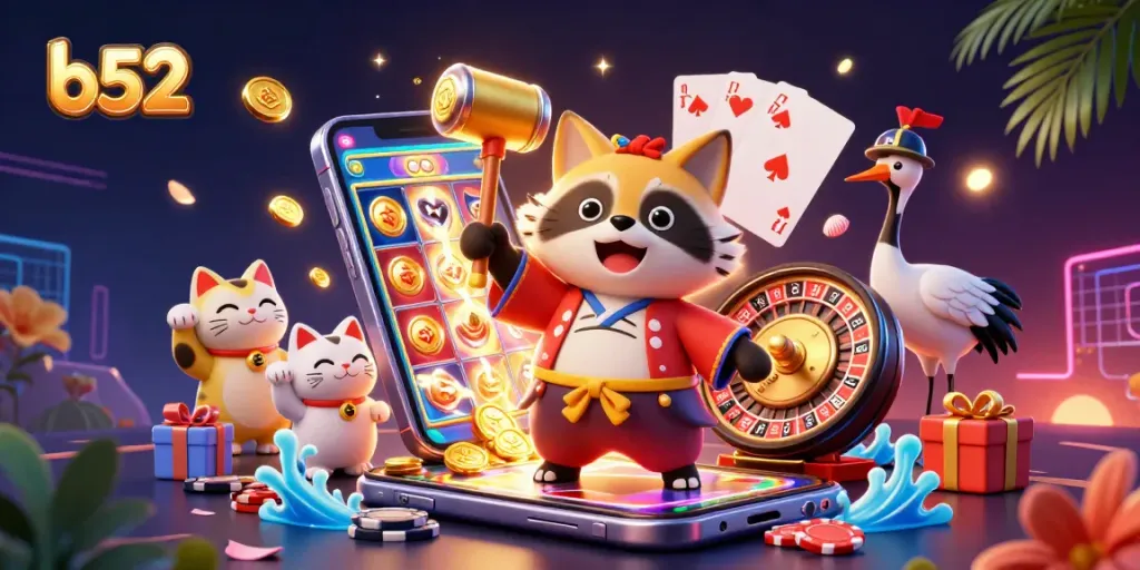 Experience lively b52 casino vibes with cheerful tanuki and festive elements in a dynamic gaming scene.