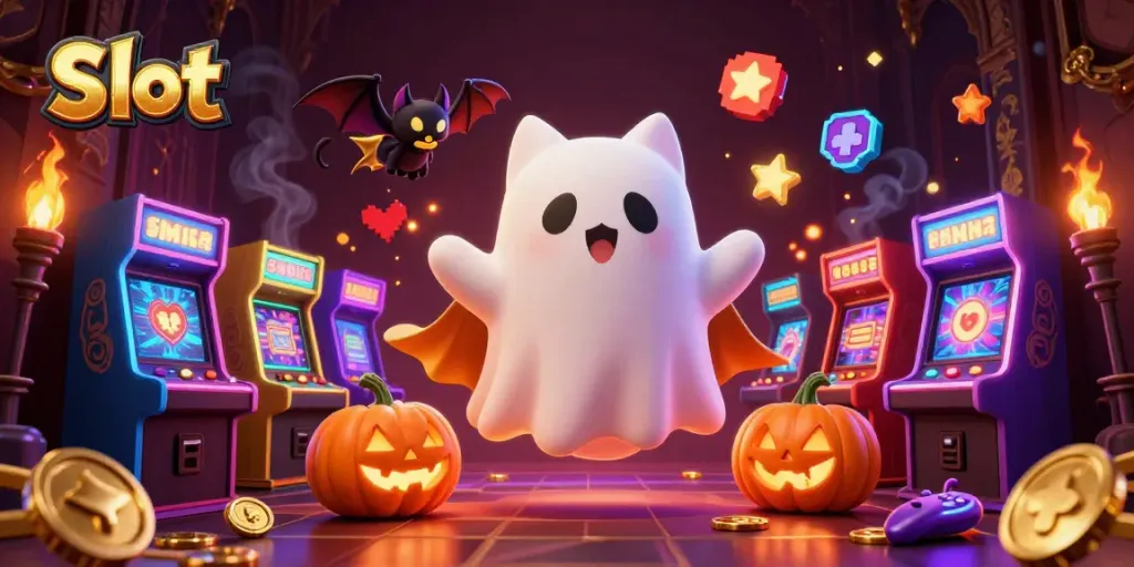 Experience thrilling Slot gaming with a ghost cat and vampire bat in a haunted casino.
