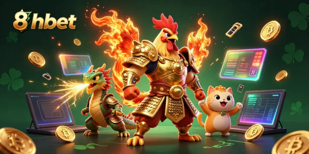 Experience the excitement of 8xbet with dynamic casino-themed 3D characters and vibrant gaming elements.