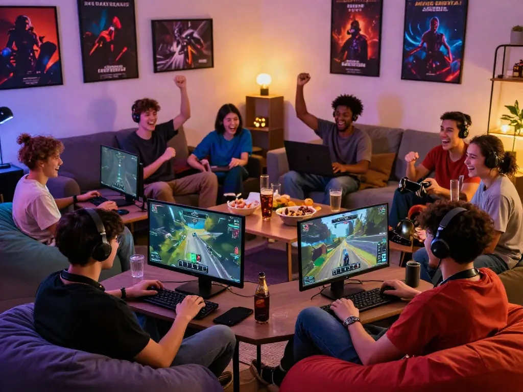 Kilat 404 gaming friends enjoying multiplayer games in a cozy room.