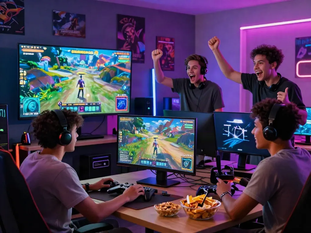 Friends enjoying GARUDA404 gaming platform in a vibrant living room.