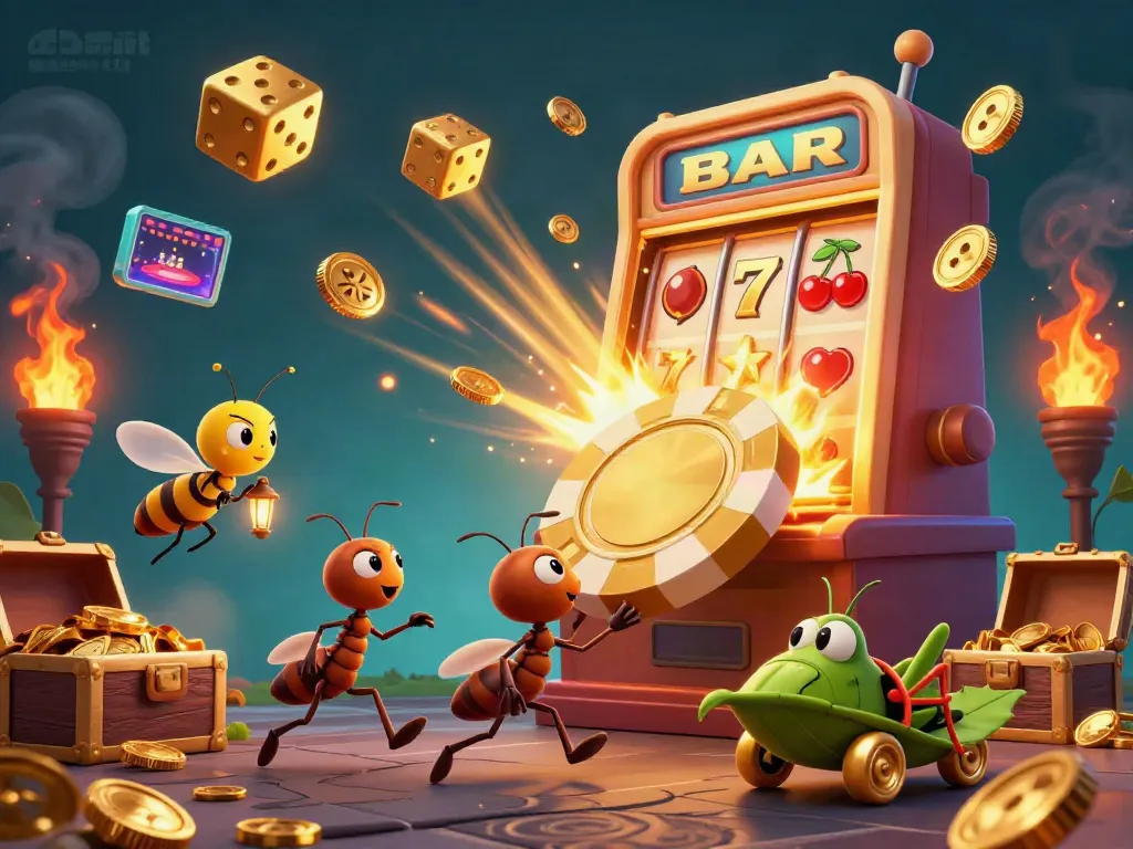 Team of ants in a heist scene carrying a giant poker chip, showcasing dabet's casino excitement.