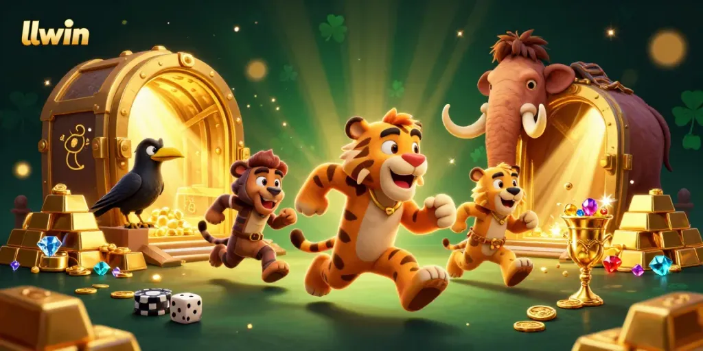 llwin casino showcases playful caveman and tiger duo in a vibrant, treasure-filled illustration