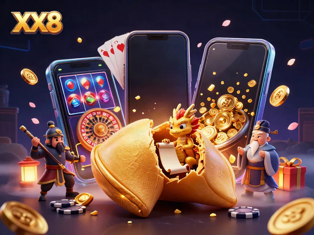 Engage with the vibrant world of XX8 casino gaming through a magical 3D illustration scene.