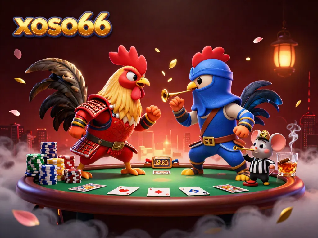Challenge your luck with xoso66 at this intense cartoon rooster battle on a poker table!