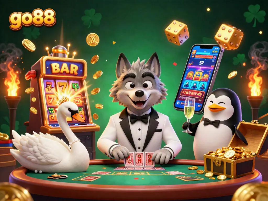 Experience the excitement of go88 with a vibrant 3D casino illustration featuring classic game elements and a lively atmosphere.