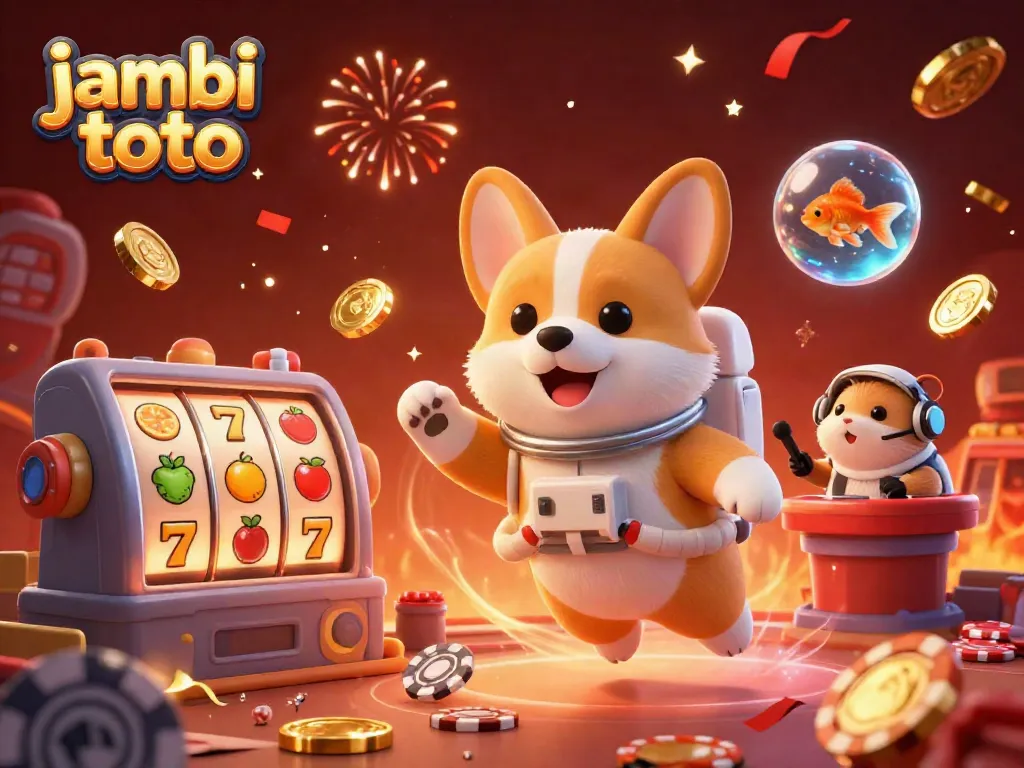 Engage in thrilling jambi toto casino adventures with floating slots, confetti, and vibrant characters.