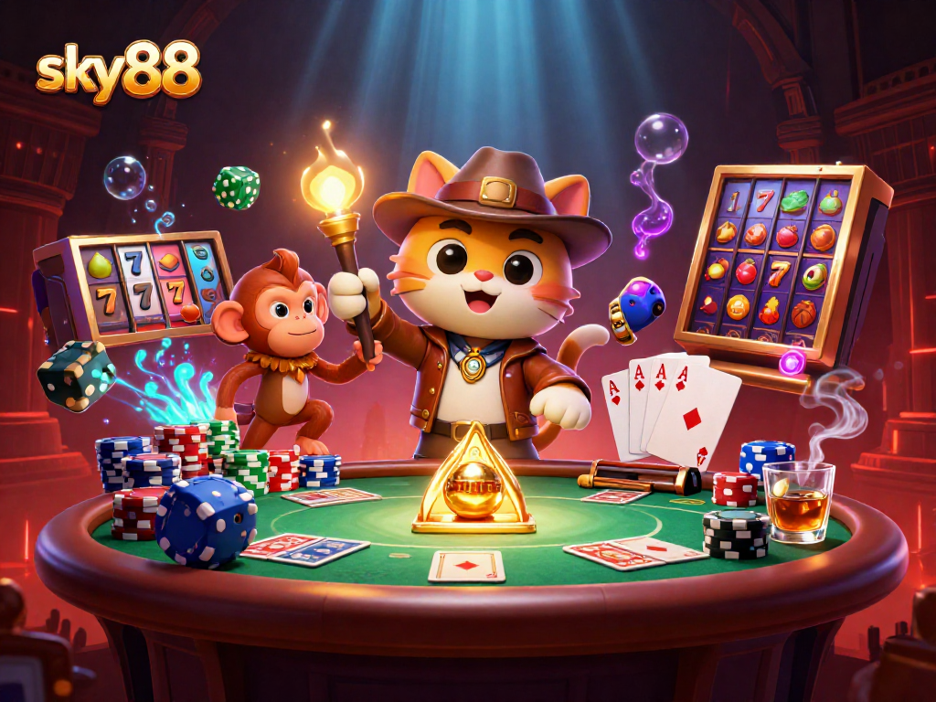 Sky88 reveals a golden artifact amidst vibrant gambling elements in a dynamic 3D scene.