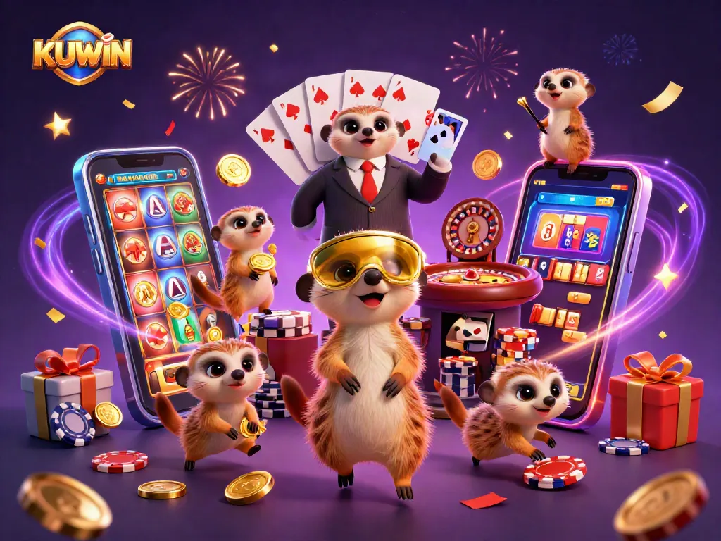 KUWIN casino scene with meerkats managing games, vibrant slot game action, and golden coins erupting