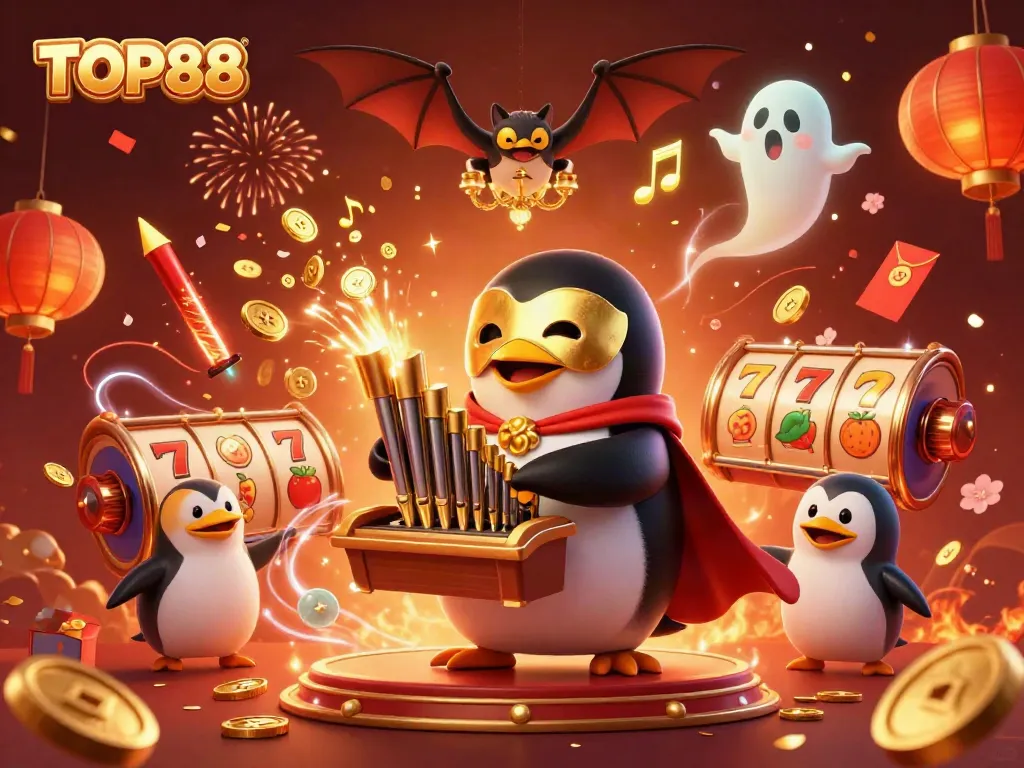 Experience the excitement of TOP88 with a vibrant 3D casino scene featuring a penguin playing an organ amidst a lively celebration.