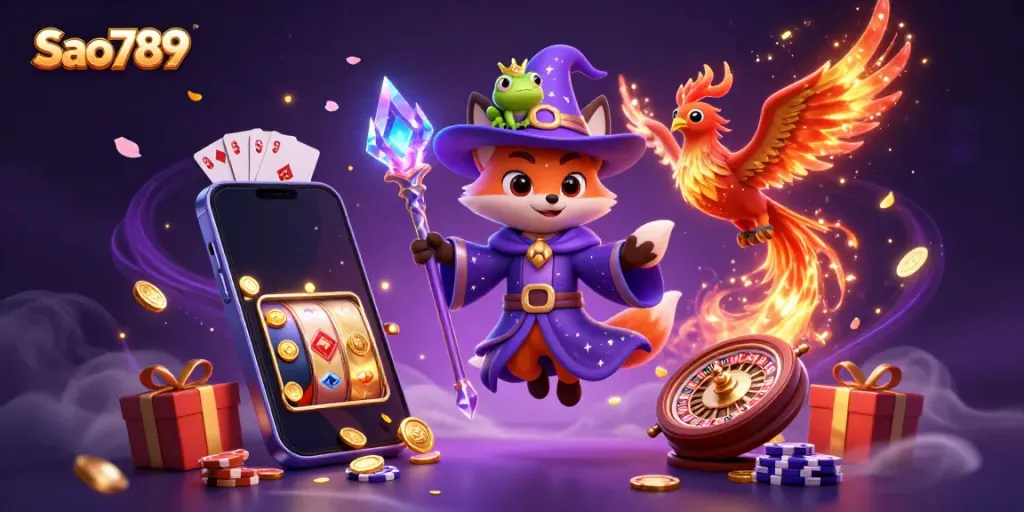 Sao789 offers an enchanting 3D casino scene with whimsical characters and vibrant gaming elements.