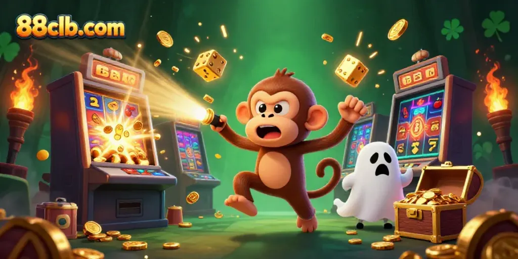Experience the excitement at 88clb-com with a lively scene of a juggling ghost-monkey and ghost-hunter puppy in a haunted casino.