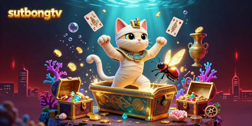 Sutbongtv showcases a dynamic 3D illustration of a mummy cat in a pyramid casino, bursting with gold coins and glowing treasures.