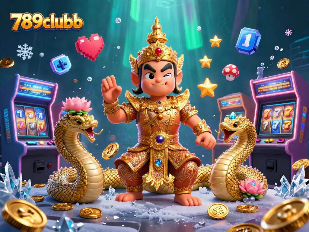 Experience the exciting games at 789clubb with vibrant 3D visuals of slot machines and guardians.