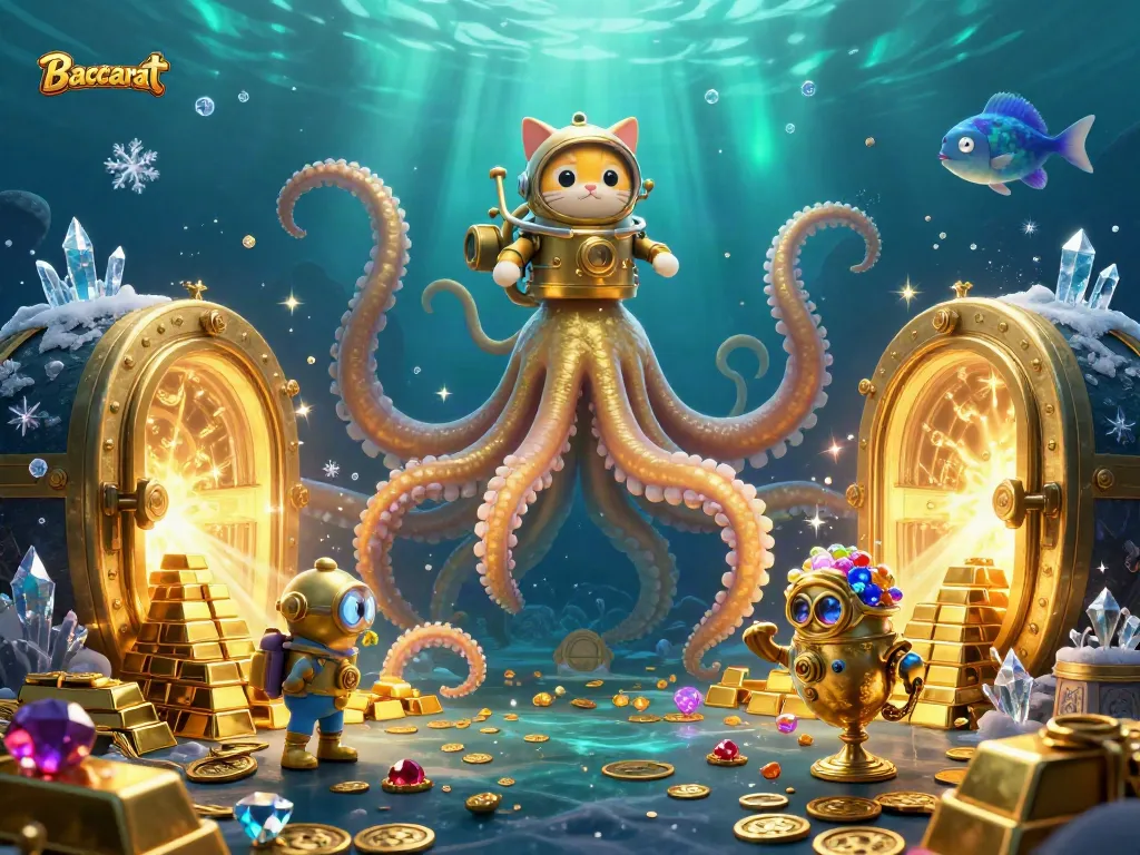 Experience Baccarat excitement with a cartoon kraken and treasures in a vibrant underwater scene.