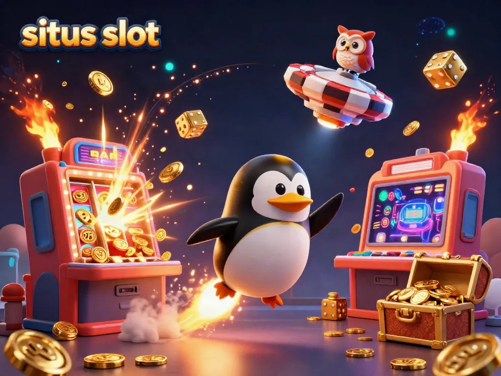 Experience situs slot excitement with a golden penguin rocket soaring towards a jackpot-filled casino.