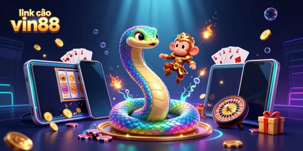 Engage with link vào vin88 through a vibrant 3D scene featuring a rainbow serpent, a monkey king, and slot game elements.