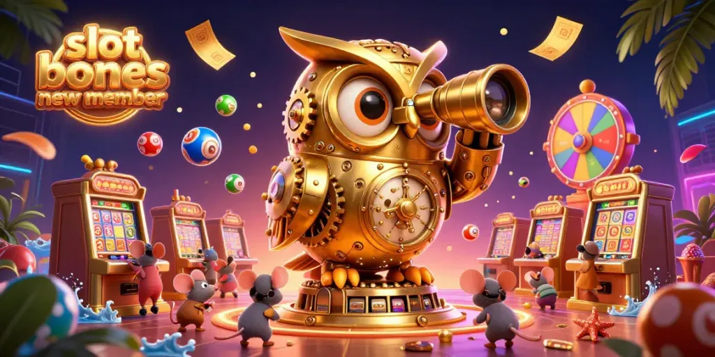 Experience the excitement of a slot bonus new member with a whimsical casino scene featuring a golden owl and lively mouse patrons.