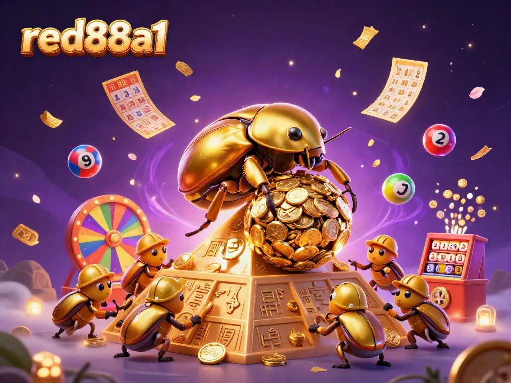 Win big with red88a1 as golden beetles roll jackpot coins, vibrant gaming elements swirl around