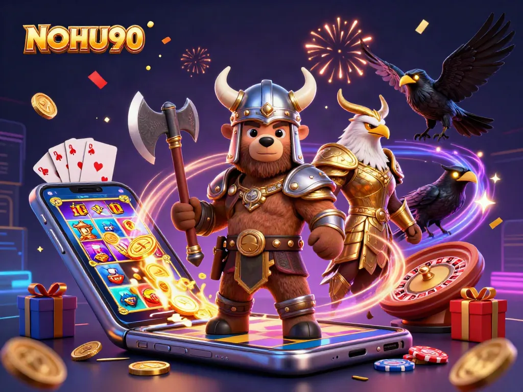 Engage with exciting gameplay at NOHU90 featuring a vibrant 3D scene of characters and casino elements.