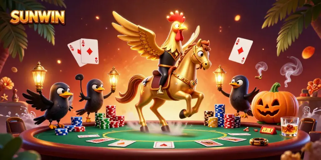 SUNWIN illuminates the casino scene with a golden rooster on a spectral horse, surrounded by dynamic poker elements.