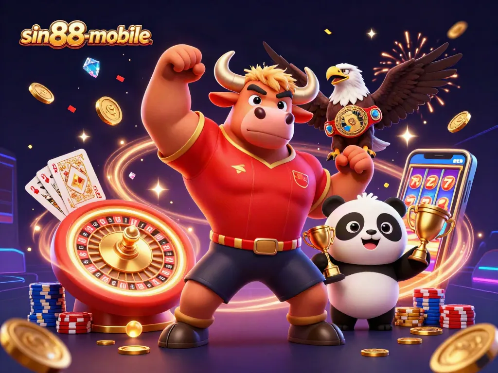 Win big with sin88-mobile in this vibrant 3D scene showcasing casino excitement and victory.