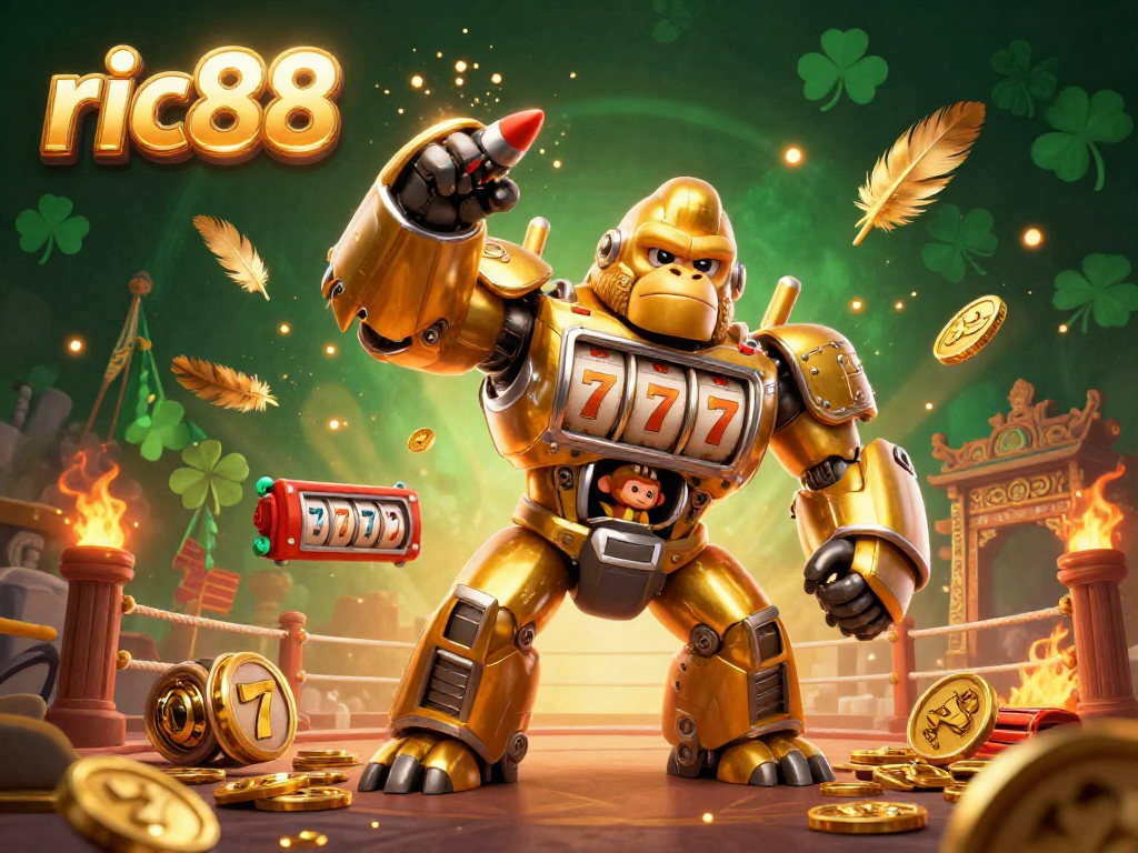 Experience thrilling action with ric88 as a golden gorilla mech triumphs in a slot casino battle.