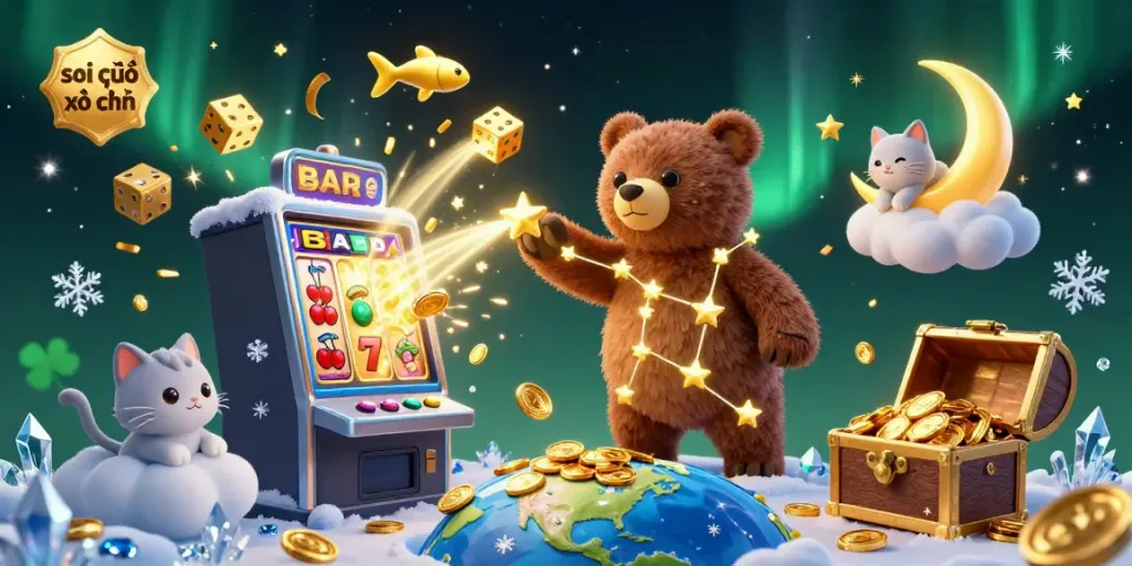 Soi cầu xổ số gains wealth with a constellation bear, lucky coins, and vibrant slot machine elements.
