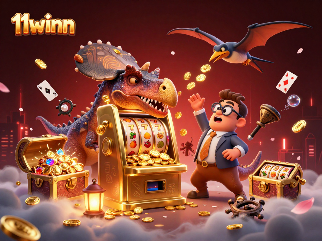 11winn's pachycephalosaurus celebrates jackpot wins among vibrant casino elements.