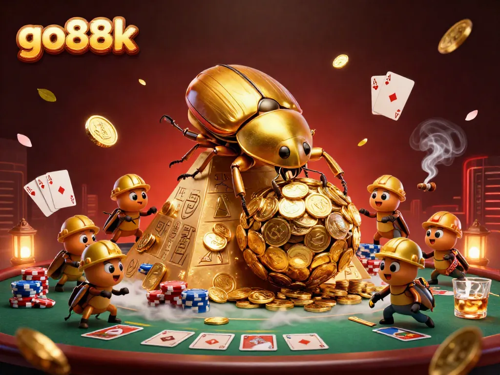 Engage with go88k as the golden beetle rolls coins up a pyramid amidst poker tables and vibrant casino elements.
