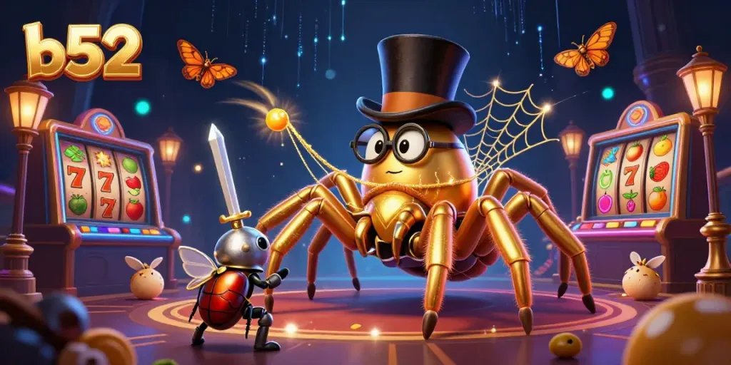 Engage with the vibrant b52 casino scene, featuring a golden tarantula and beetle knight surrounded by slot symbols.