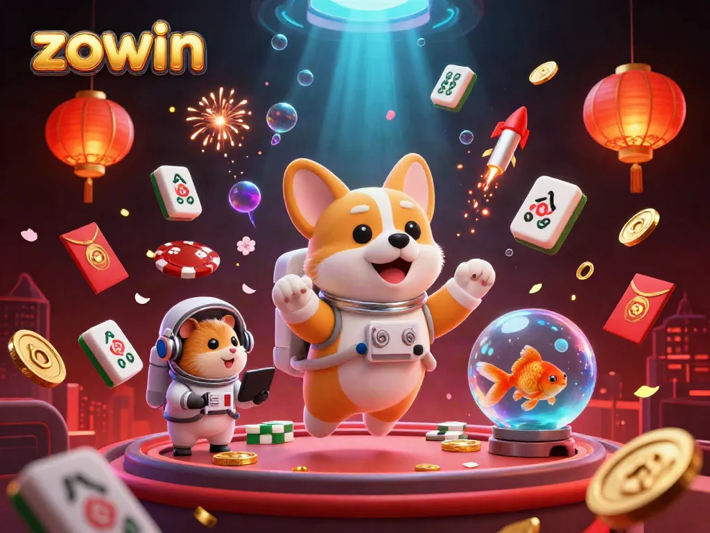 Experience the thrill of gaming at ZOWIN with vibrant visuals of floating characters and casino elements.