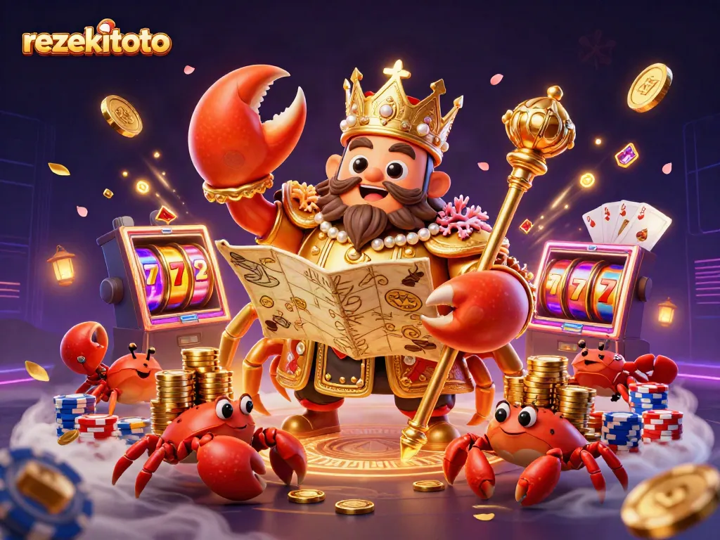 Experience rezekitoto's vibrant casino scene with an emperor crab and treasure-filled excitement.