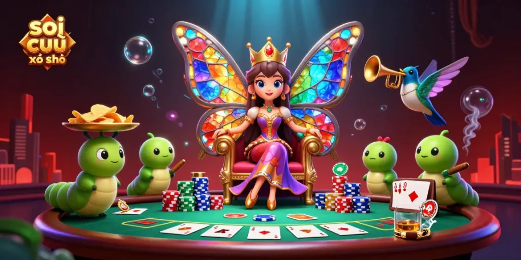 Engaging illustration of the soi cầu xổ số scene featuring a butterfly queen surrounded by poker elements and casino atmosphere.