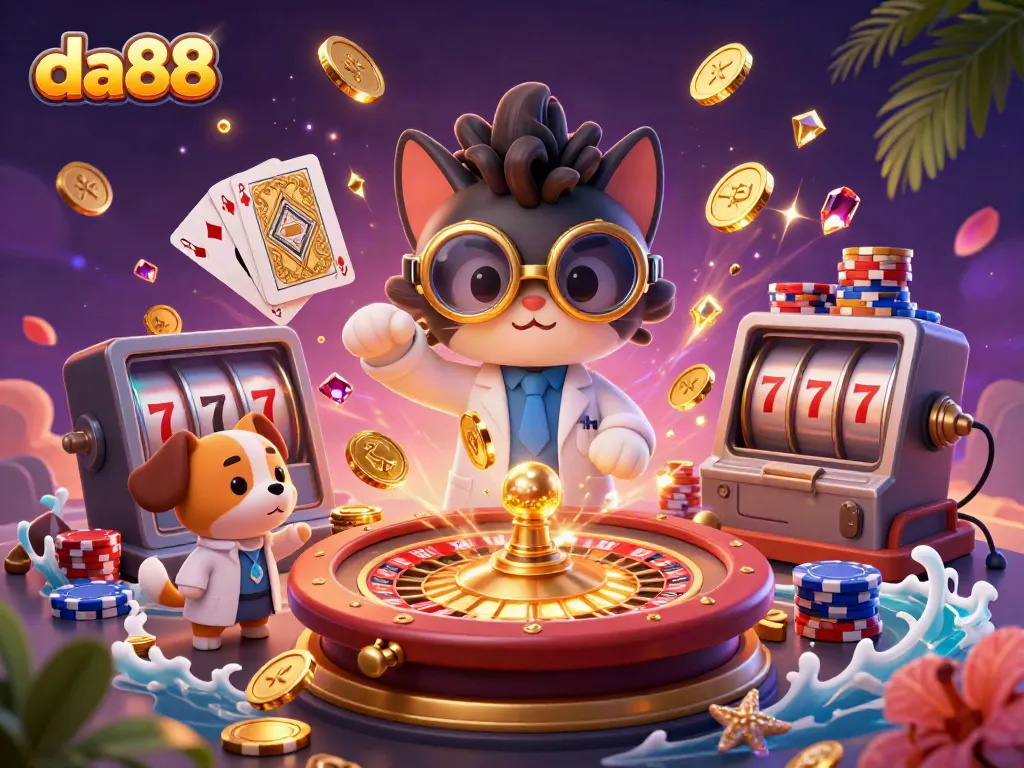 Engaging scene of casino excitement featuring da88's animated scientist cat and assistant with dynamic gaming elements.