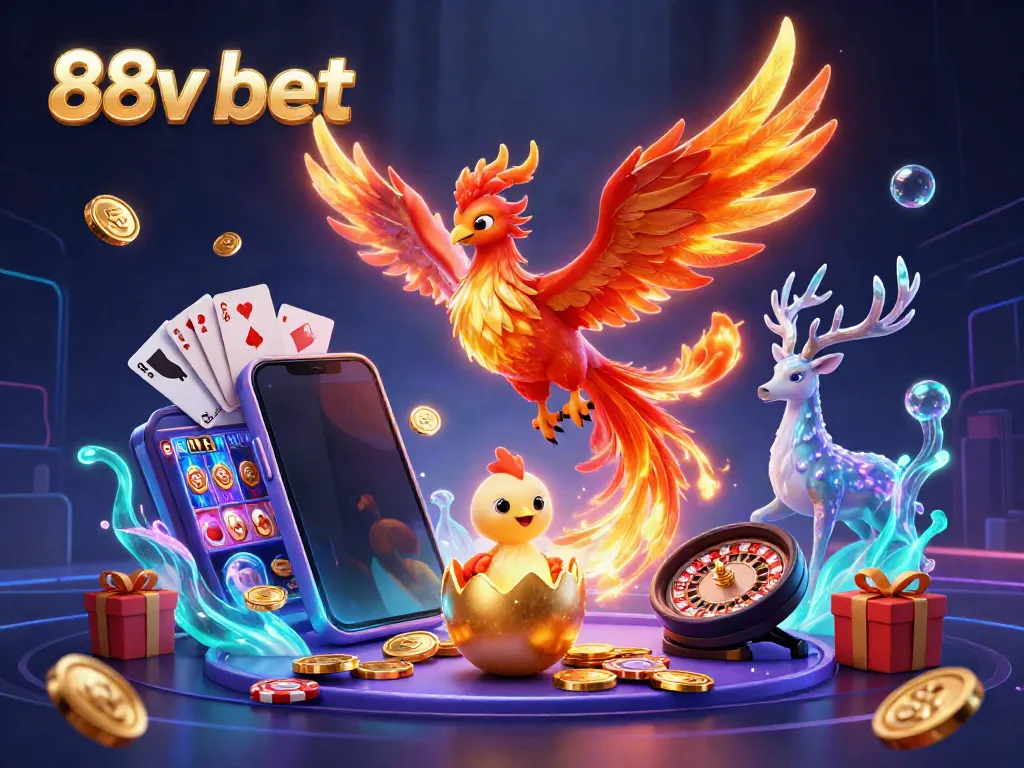 Experience thrilling gameplay with 88v bet through a vibrant scene of a phoenix and casino elements.