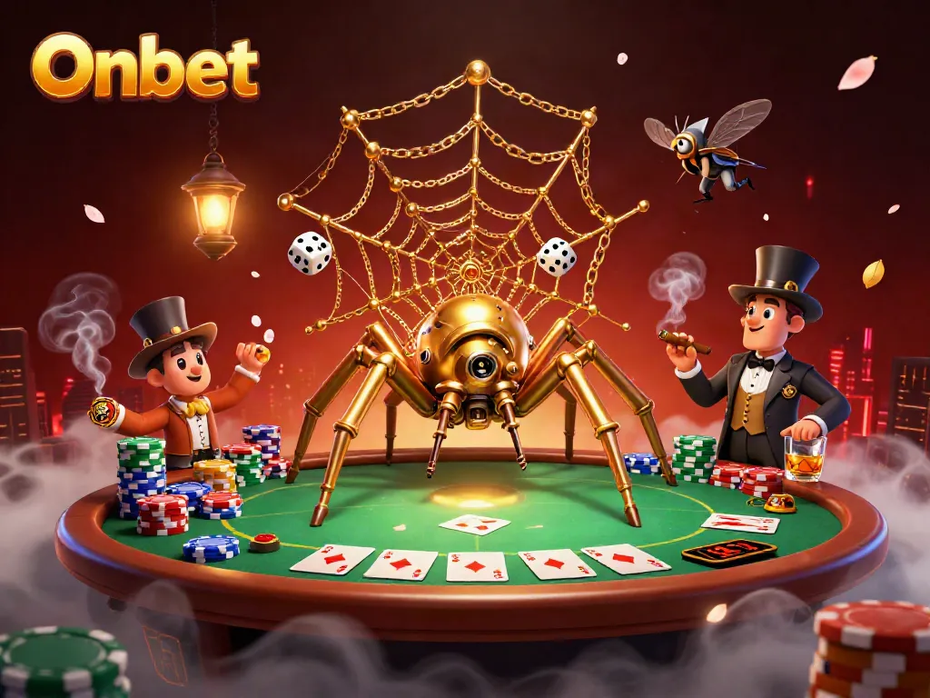 Engage with Onbet’s thrilling gambling atmosphere, showcasing golden spider and fly gentleman in dynamic casino action.