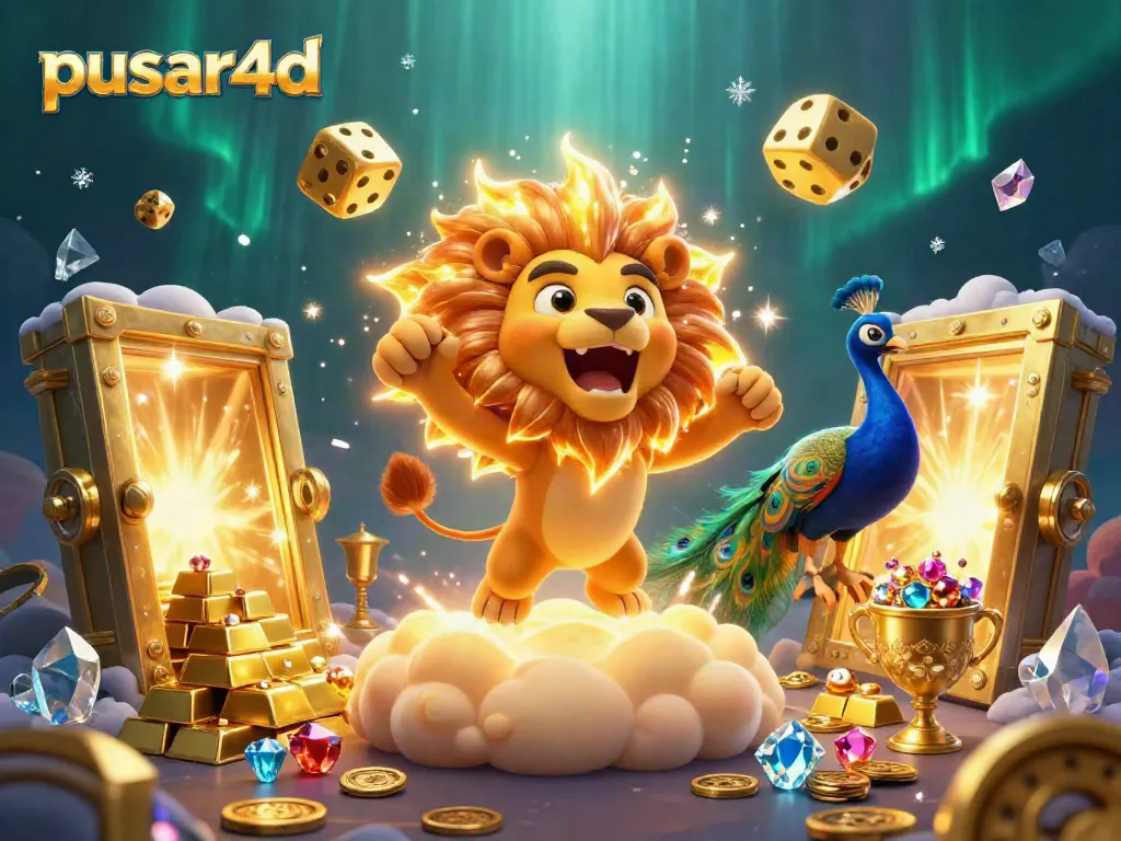 Experience the excitement of pusar4d with a cartoon sun lion, golden treasures, and vibrant casino elements