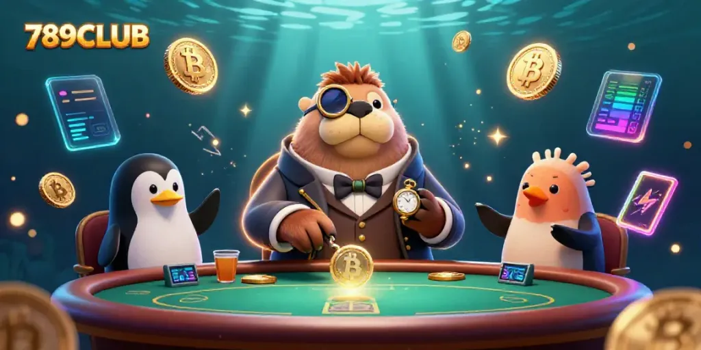 Experience thrilling poker action with 789CLUB's jolly walrus and friends in a vibrant underwater scene.
