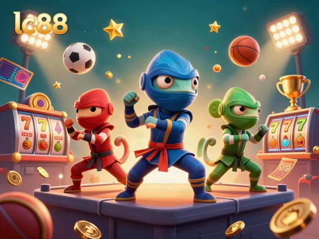 Engaging lc88 casino scene with chameleon ninjas showcasing synchronized martial arts and vibrant gaming elements.