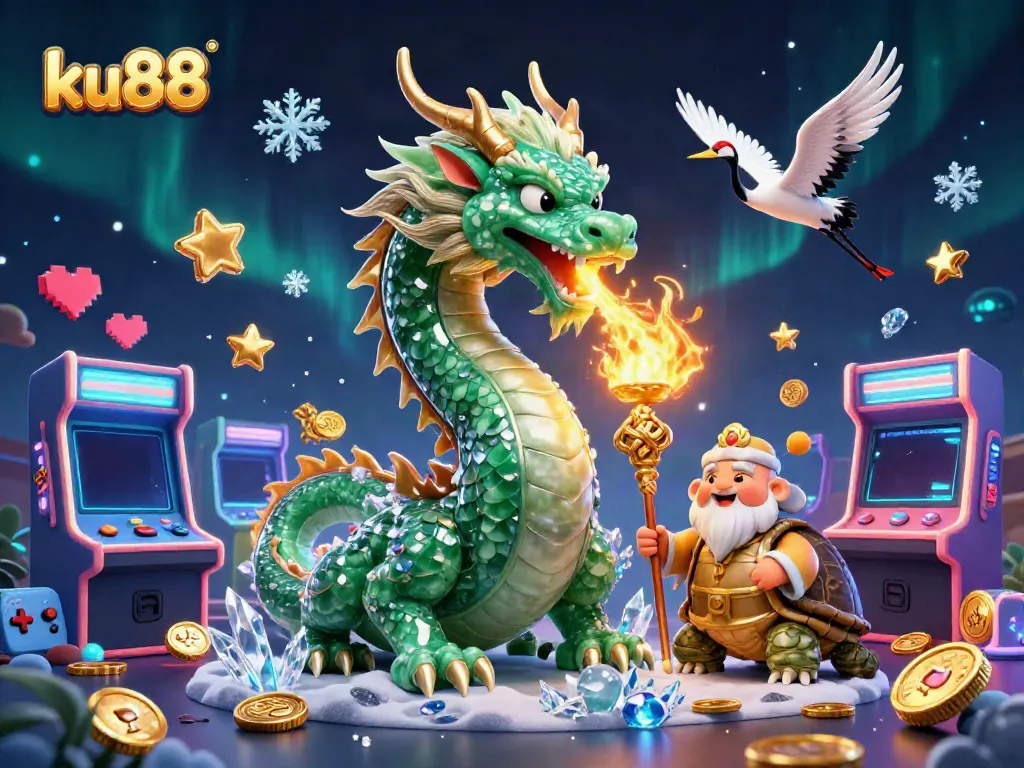 Experience thrilling moments at ku88 with a jade dragon, wise turtle sage, and lucky cranes in a colorful casino world.