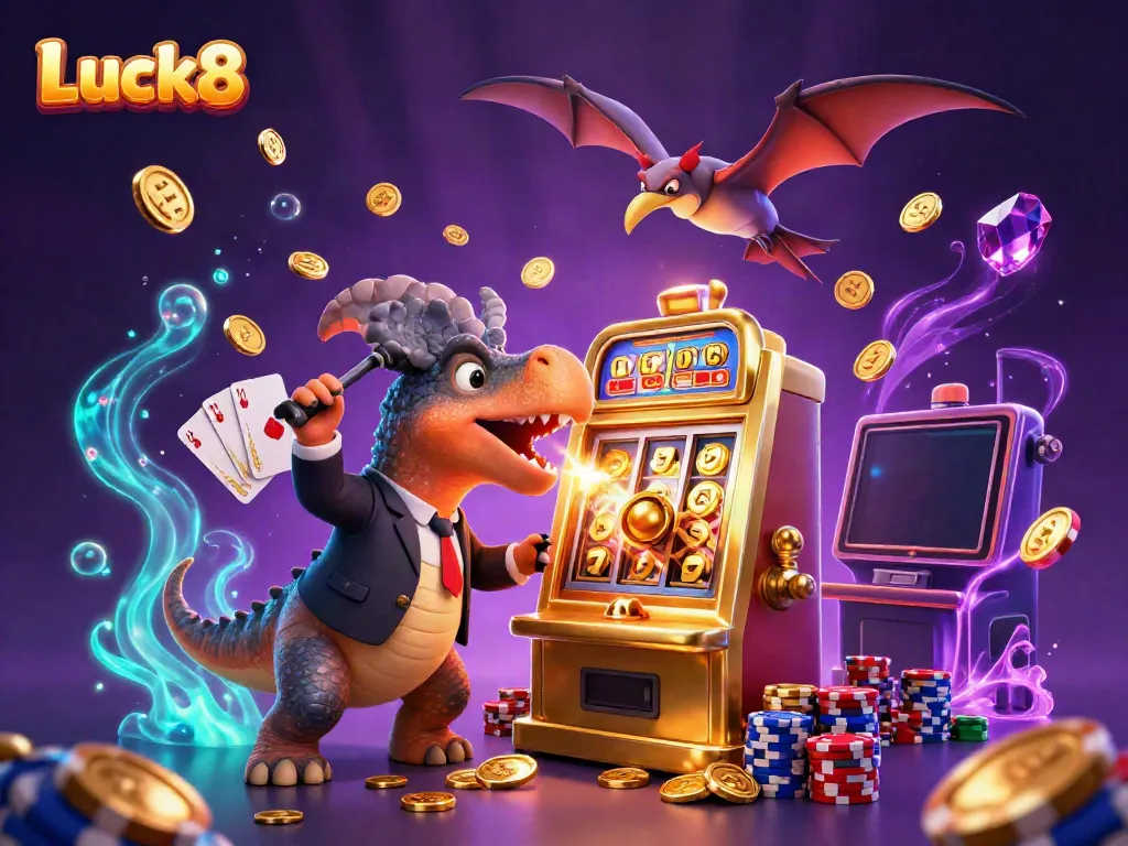 Luck8 showcases a dynamic scene of a dinosaur interacting with a slot machine, surrounded by vivid casino elements.