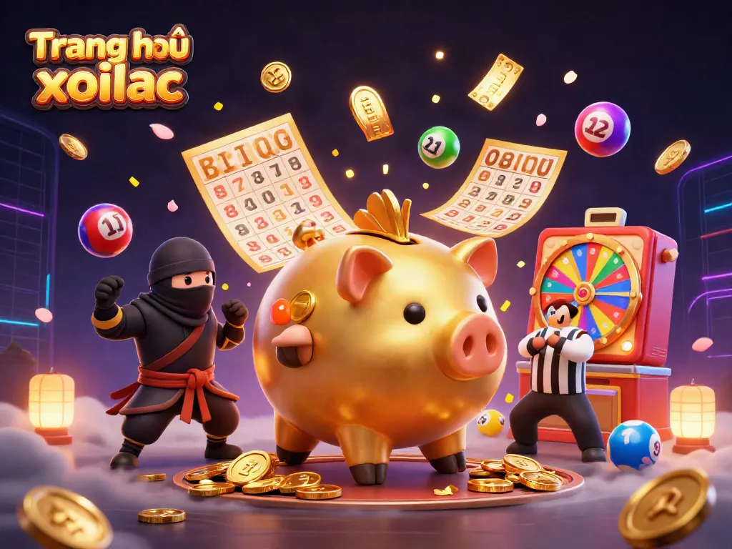 Experience the dynamics of gambling action with Trang chủ xoilac in a vibrant 3D scene of a golden piggy bank sumo wrestler surrounded by lottery elements.