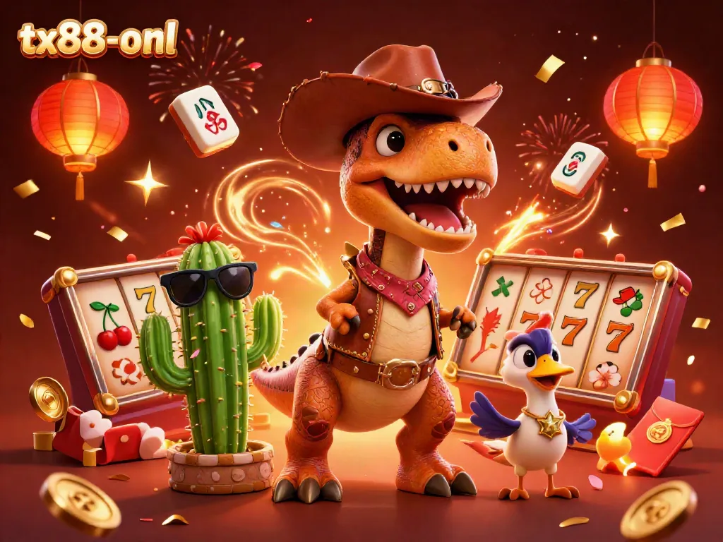 Experience thrilling gaming with tx88-onl as cartoon heroes compete among slot symbols and festive elements.
