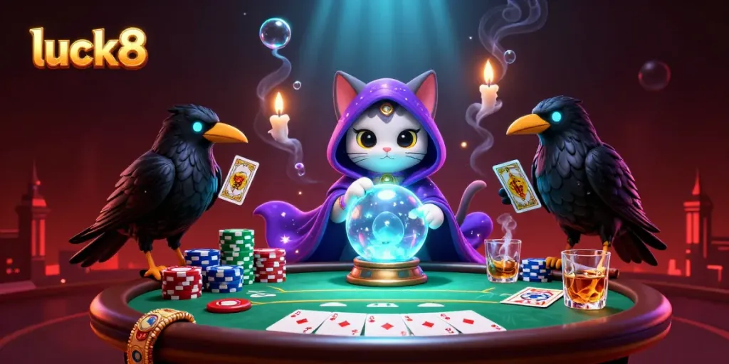 Win big at luck8 with this vibrant scene, showcasing poker action and mystical Fortune Teller.