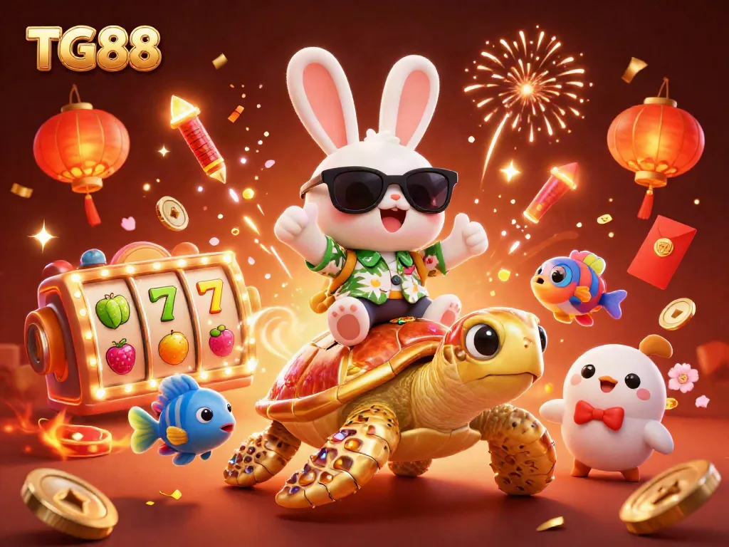 TG88 showcases a vibrant, ultra-detailed 3D scene with a lucky rabbit and sea turtle in an exciting casino atmosphere filled with sparkling slot elements.
